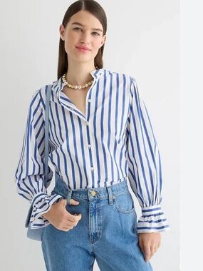 J. Crew NWT Long Sleeve Stripe Button Up Top w/ Ruffle Cuffs White & Blue XXS